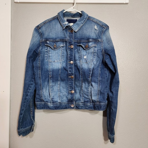 Rain Jackets & Blazers - Blue Rain Denim Jacket Women's Large Distressed Y2K Boho Classic Chic Layering